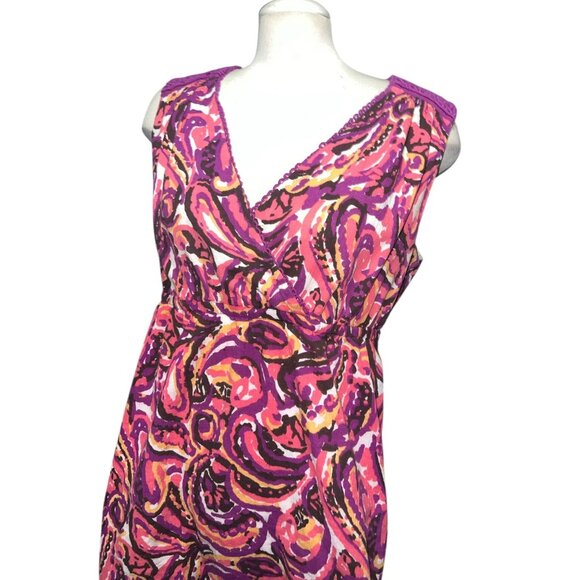 Merona Cotton Sleeveless Paisley V Neck Dress Sz Large Pink Purple Polyester Cas - Picture 2 of 11